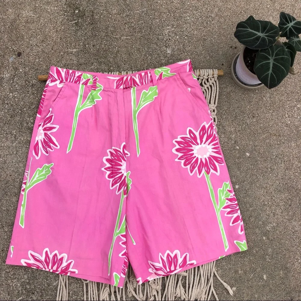 Vintage Lilly Pulitzer High Waist Pink Flower Print Bermuda Shorts Size 10